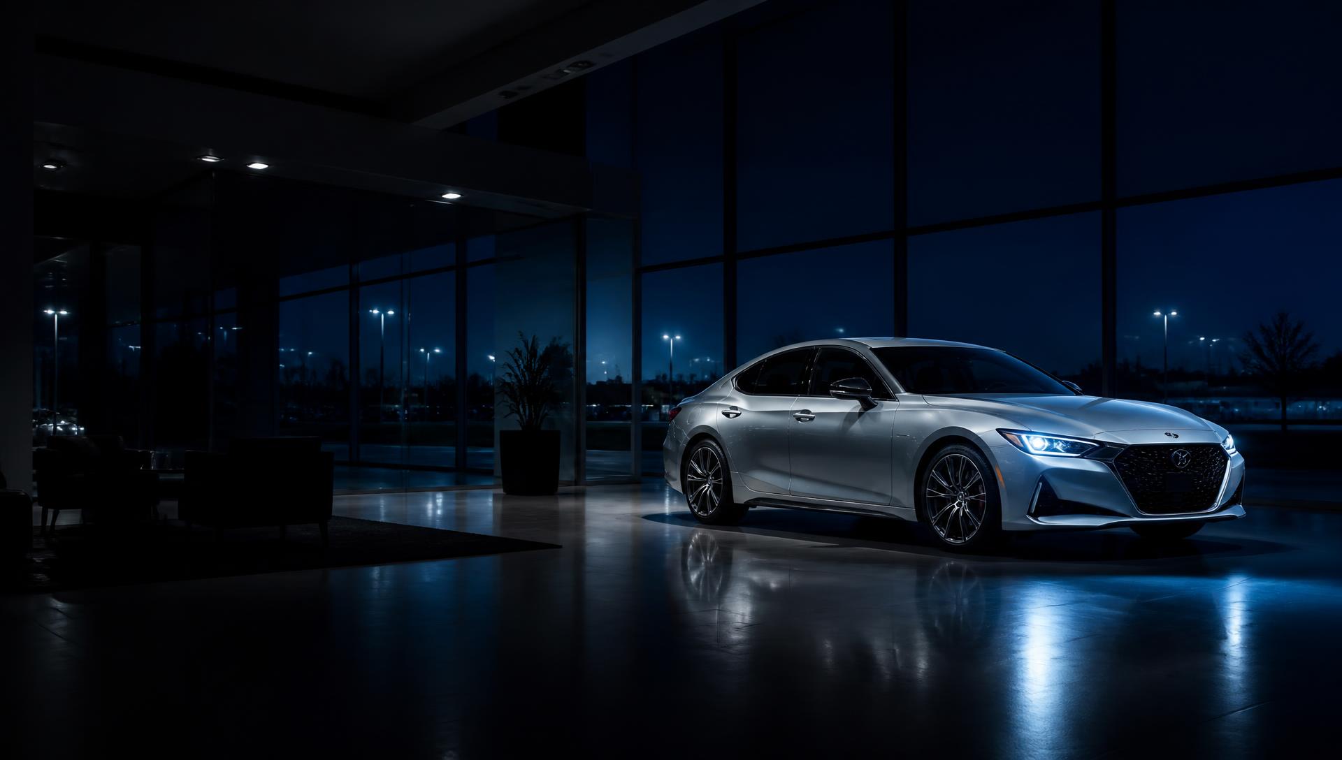 Showroom da Zion Motors em Maringá com veículo prata iluminado